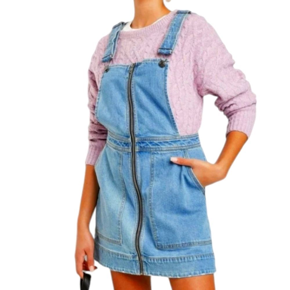 Wild Fable Dress Zip Front Square Neck Overalls Denim‎ Pinafore Mini Short M New